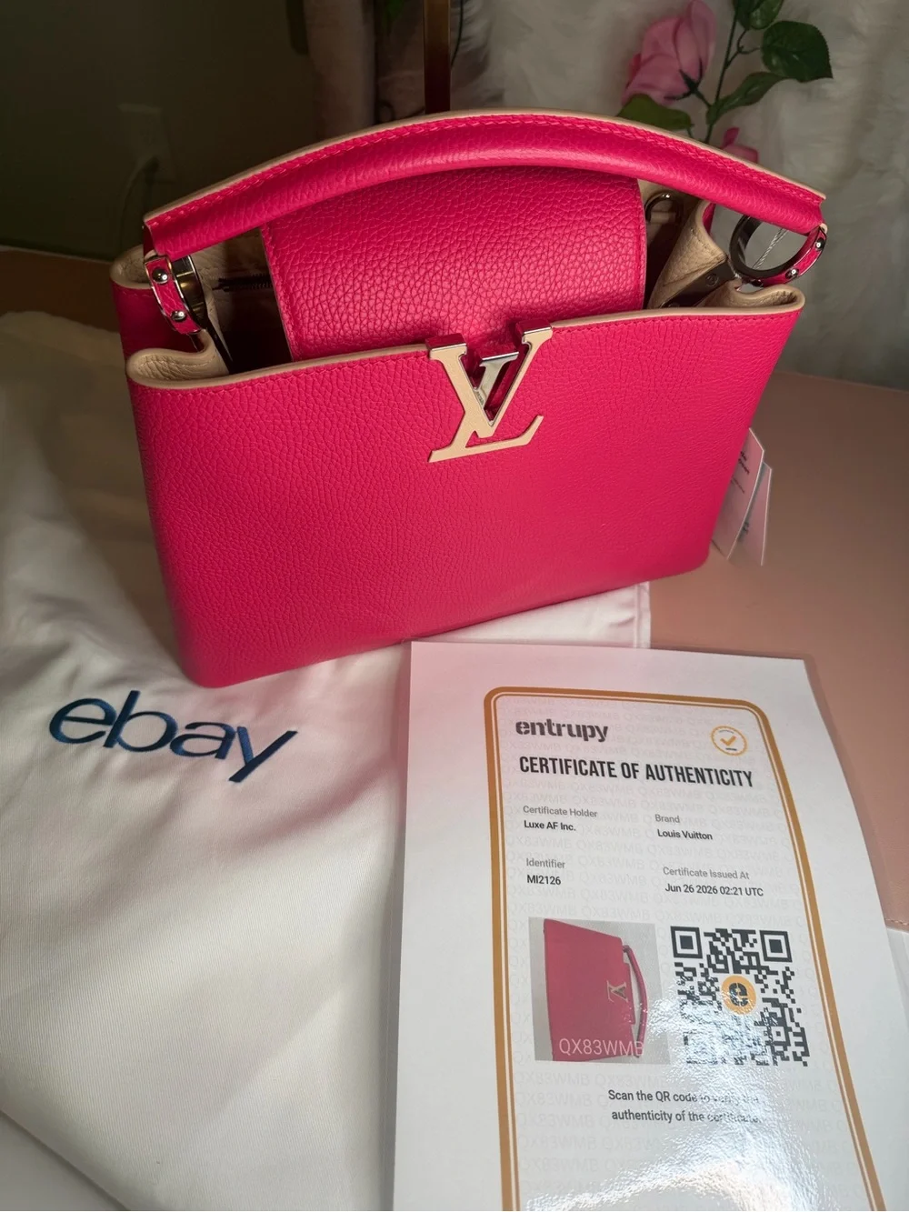 Louis Vuitton Capucines PM Pink Taurillon Leather Top Handle Bag Entrupy COA